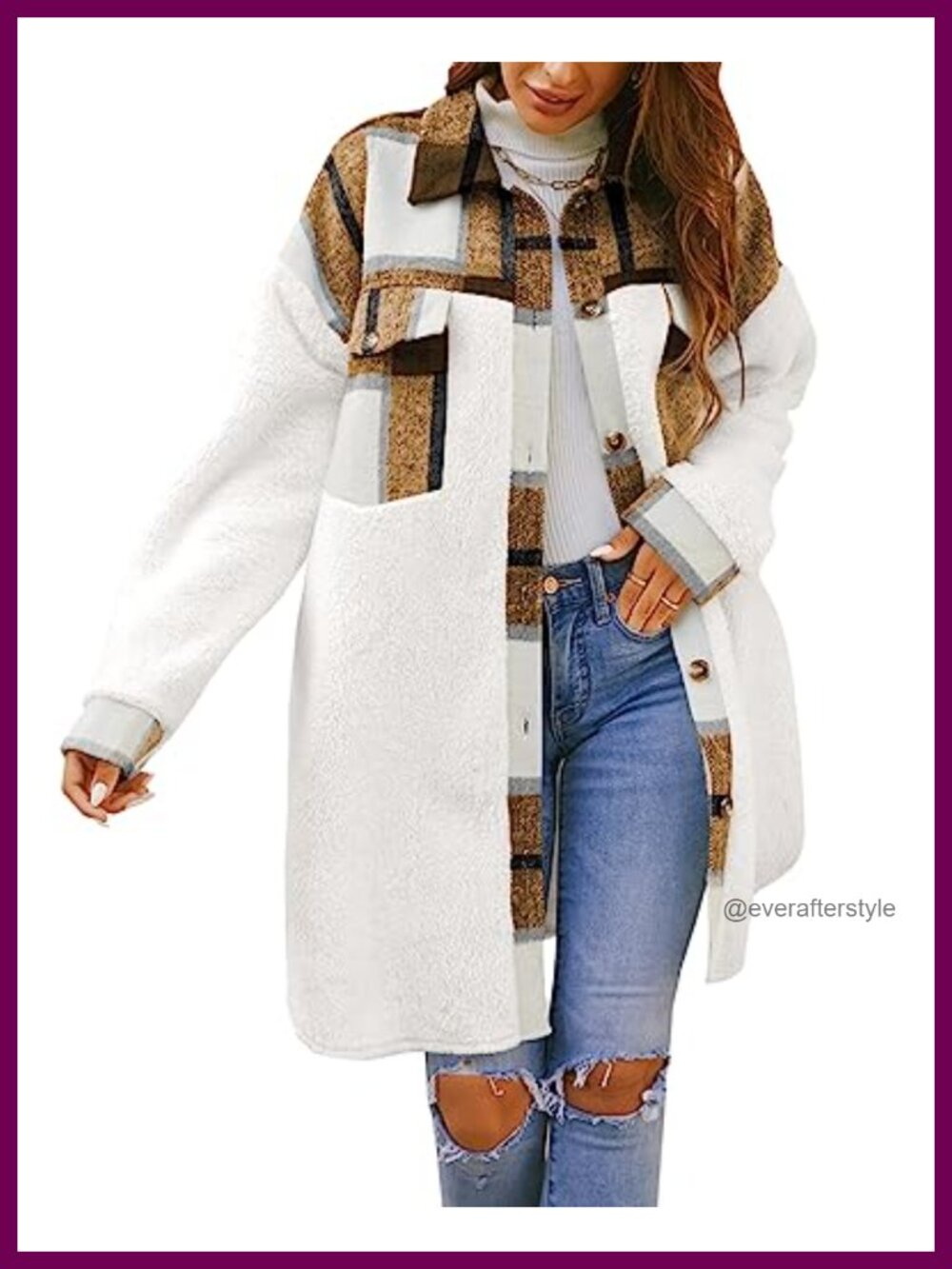 Fuzzy Fleece Shacket Jacket Knee Length Oversized Plaid Button Down